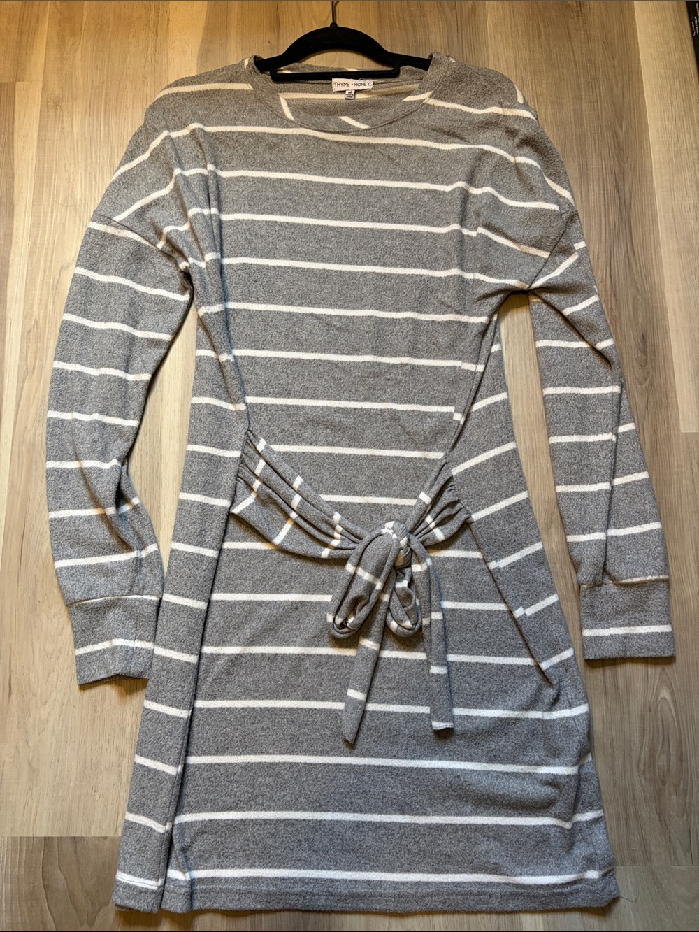 Thyme & Honey Gray and White Striped Tie-Waist Sweater Dress - medium